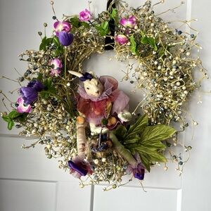 Floral Easter Wreath with Bunny - Purple and Green